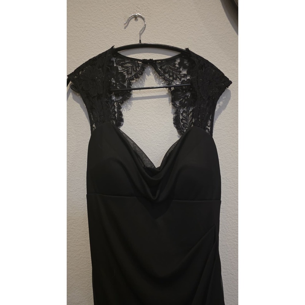 Xscape Black Lace Cap Sleeve Cowl Neck Ruched Maxi Gown Open Back Front Slit 12 - Picture 2 of 9